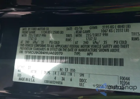 2017 Ford Escape Se z USA, uszkodzony, nr VIN 1FMCU9G94HUA02070